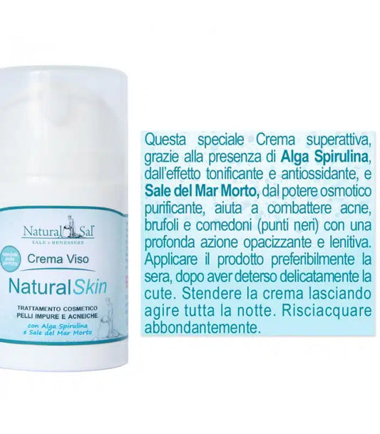Crema Viso Natural Skin, Pelli impure ed acneiche, con Ossido di Zinco, Alga Spirulina e Sale del Mar Morto