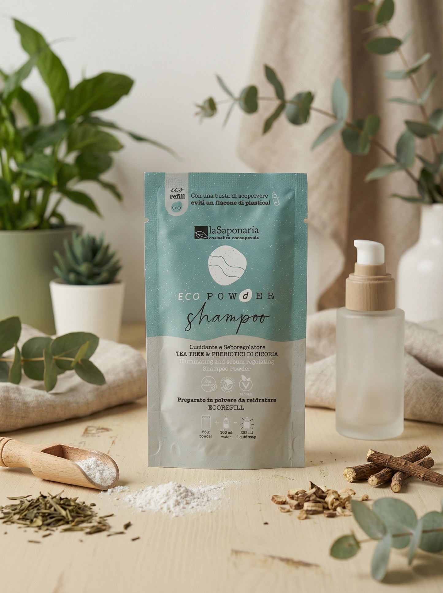 Shampoo in polvere lucidante e seboregolatore - Tea tree e Prebiotici di cicoria by La Saponaria — hero product photo