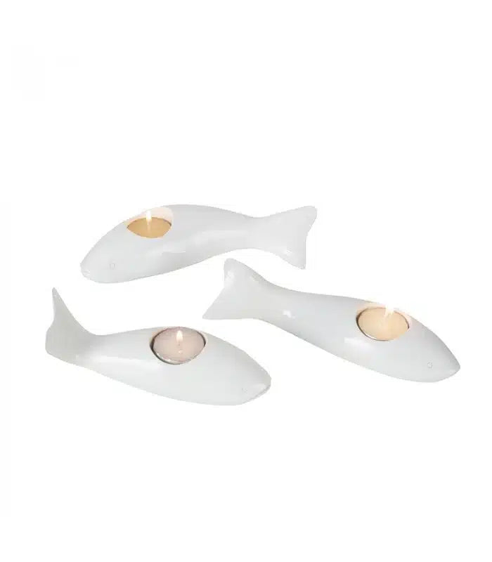 Portacandela in Ceramica Bianca a Forma di Pesce