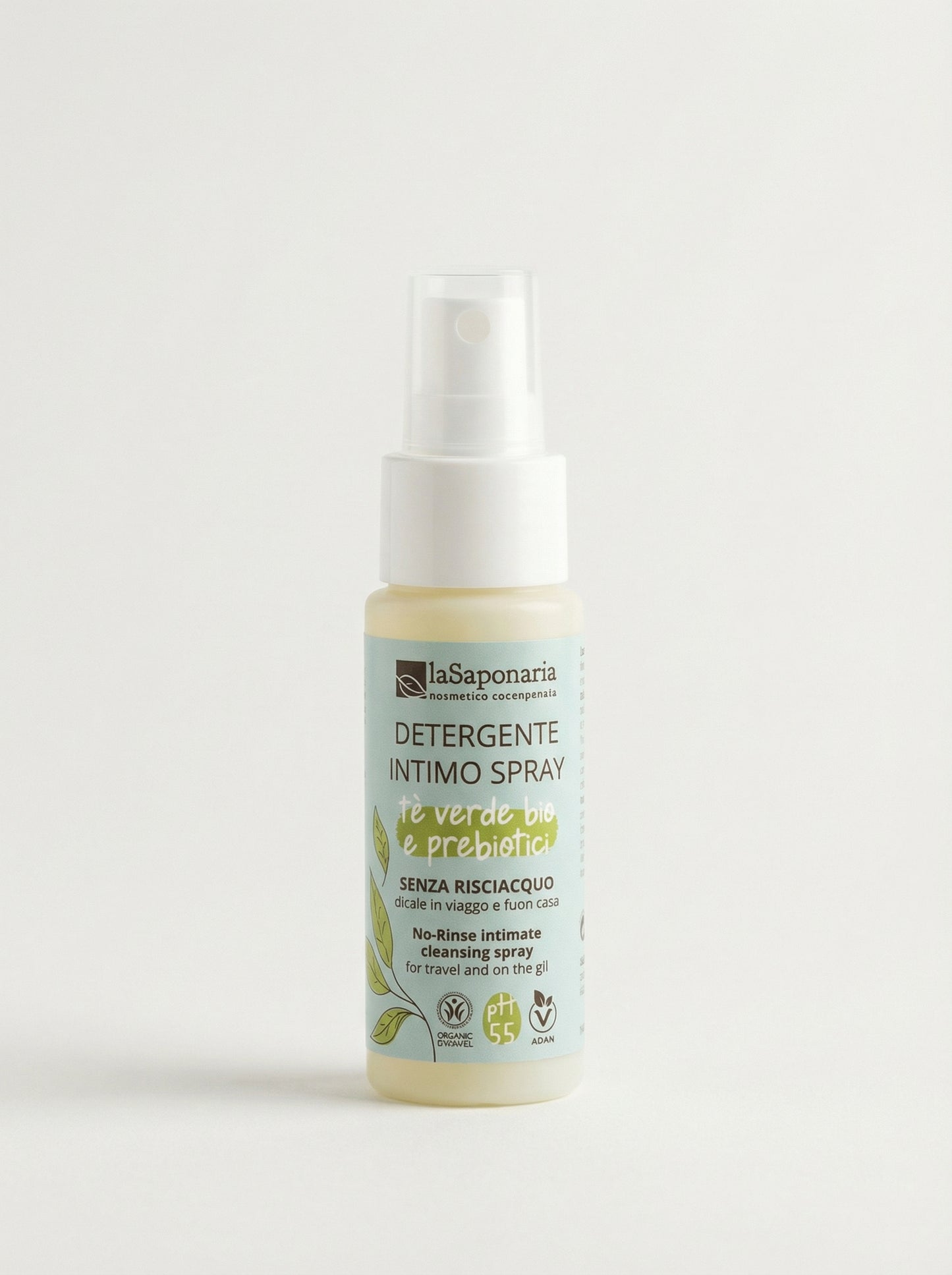 Detergente Intimo Spray senza risciacquo Tè verde bio & Prebiotici pH 5.5 by La Saponaria — product photo on white background