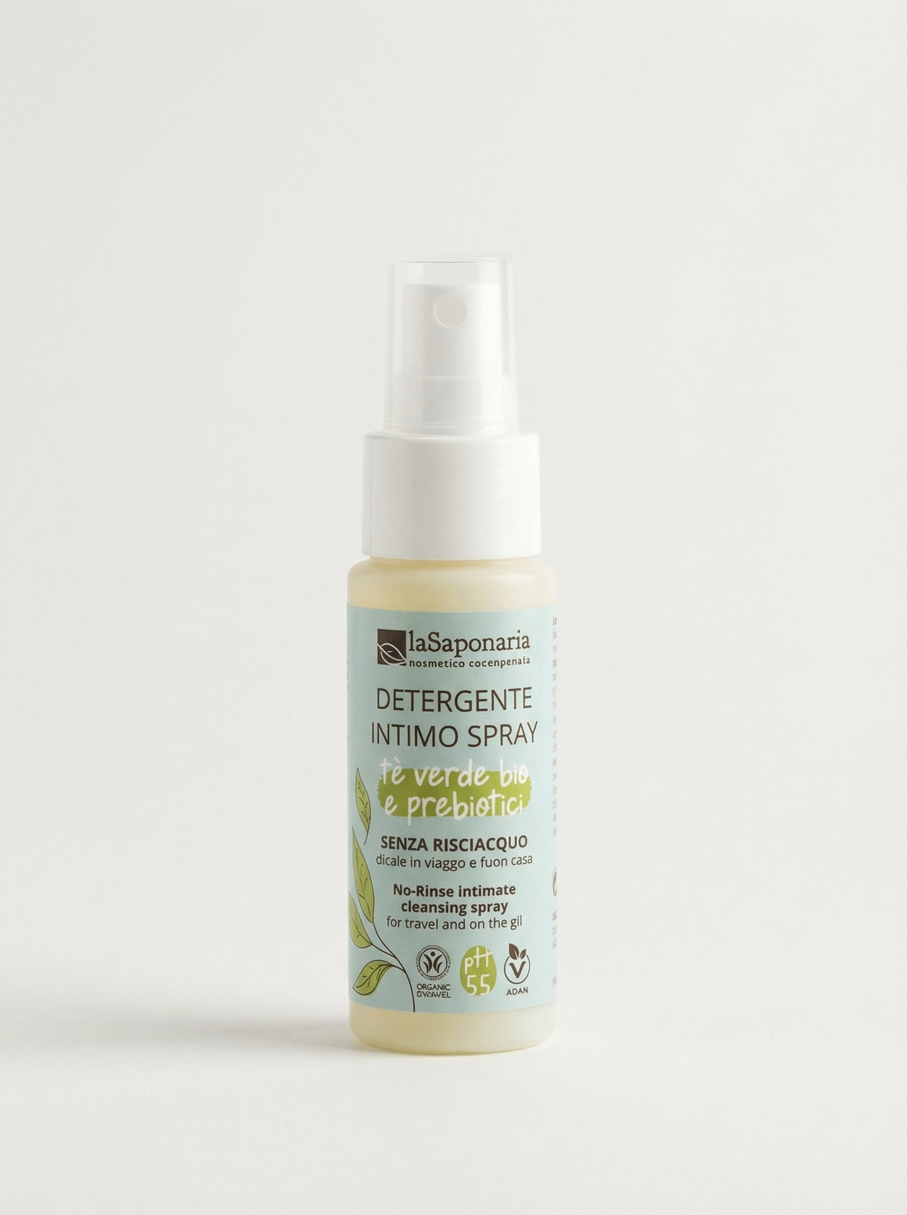 Detergente Intimo Spray senza risciacquo Tè verde bio & Prebiotici pH 5.5 by La Saponaria — product photo on white background