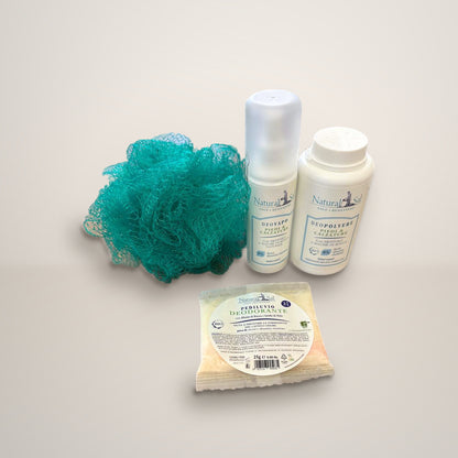 Contenuto del kit: deodorante vapo, deodorante in polvere, pediluvio e spugna