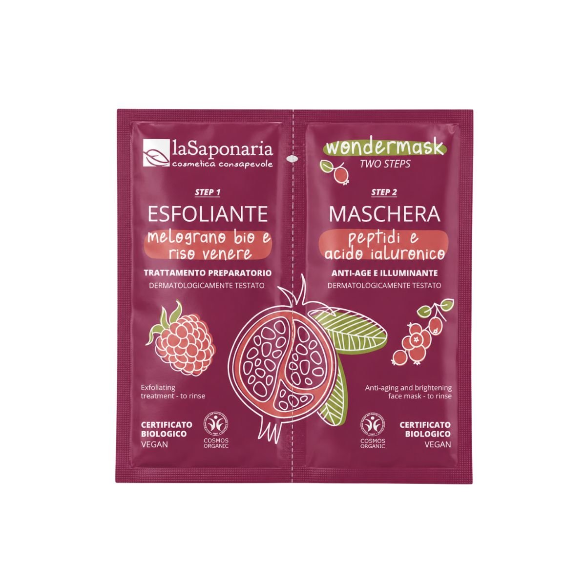 Wondermask Two Steps La Saponaria, maschera viso 2 fasi melograno bio e acido ialuronico