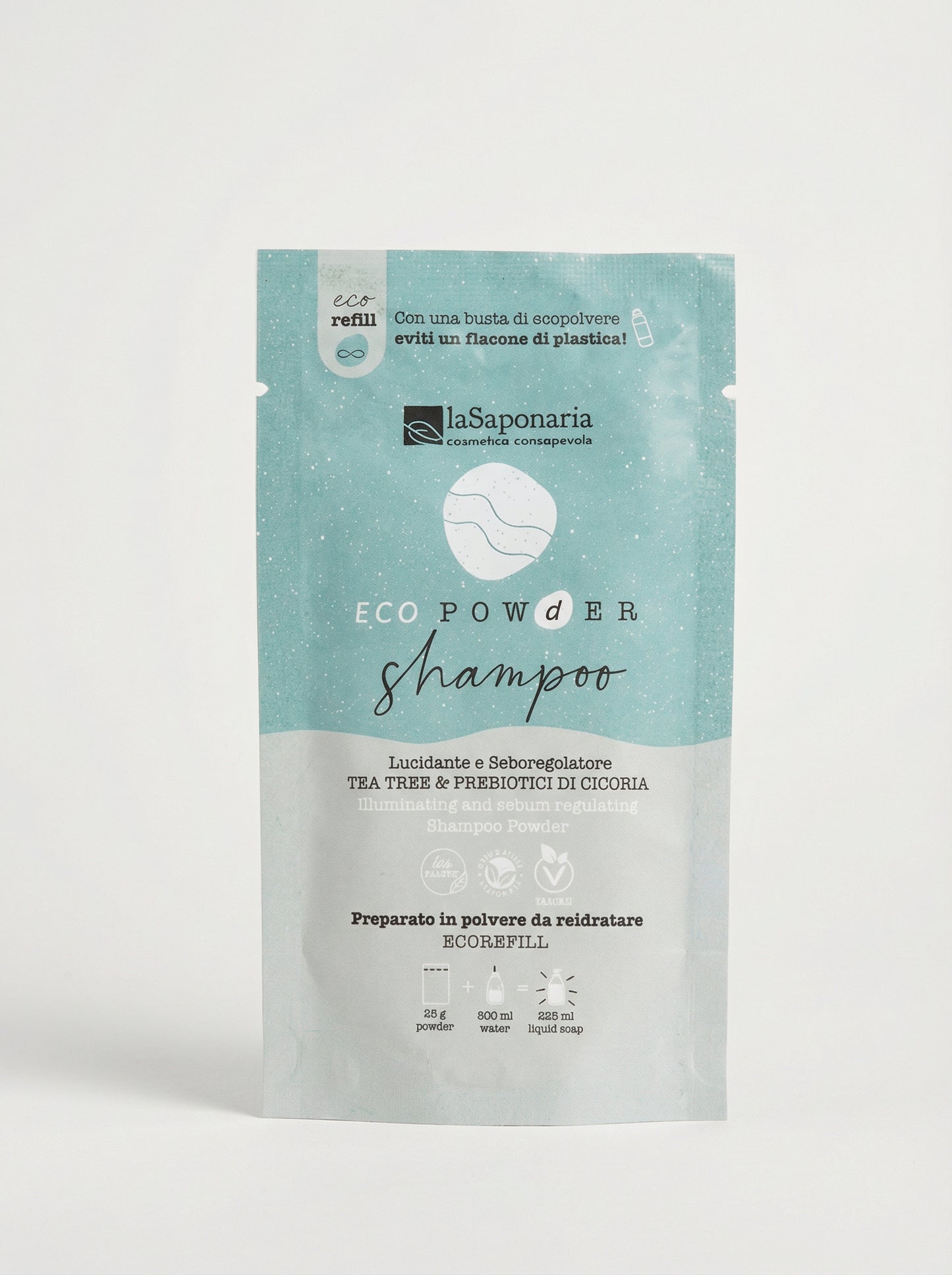 Shampoo in polvere lucidante e seboregolatore - Tea tree e Prebiotici di cicoria by La Saponaria — product photo on white background