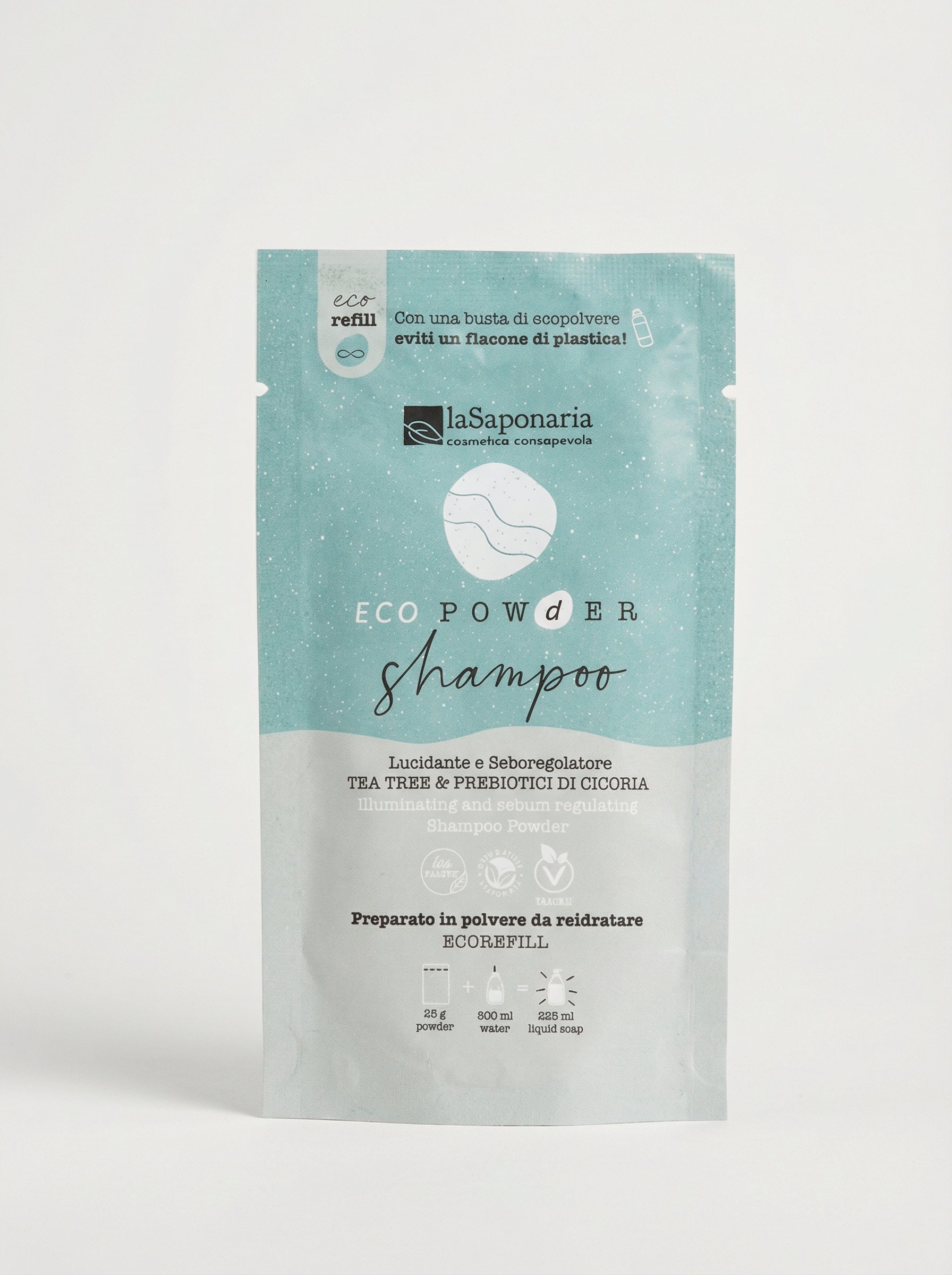 Shampoo in polvere lucidante e seboregolatore - Tea tree e Prebiotici di cicoria by La Saponaria — product photo on white background