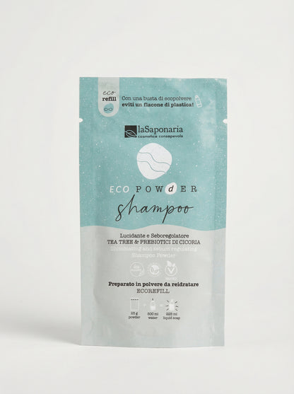 Shampoo in polvere lucidante e seboregolatore - Tea tree e Prebiotici di cicoria by La Saponaria — product photo on white background